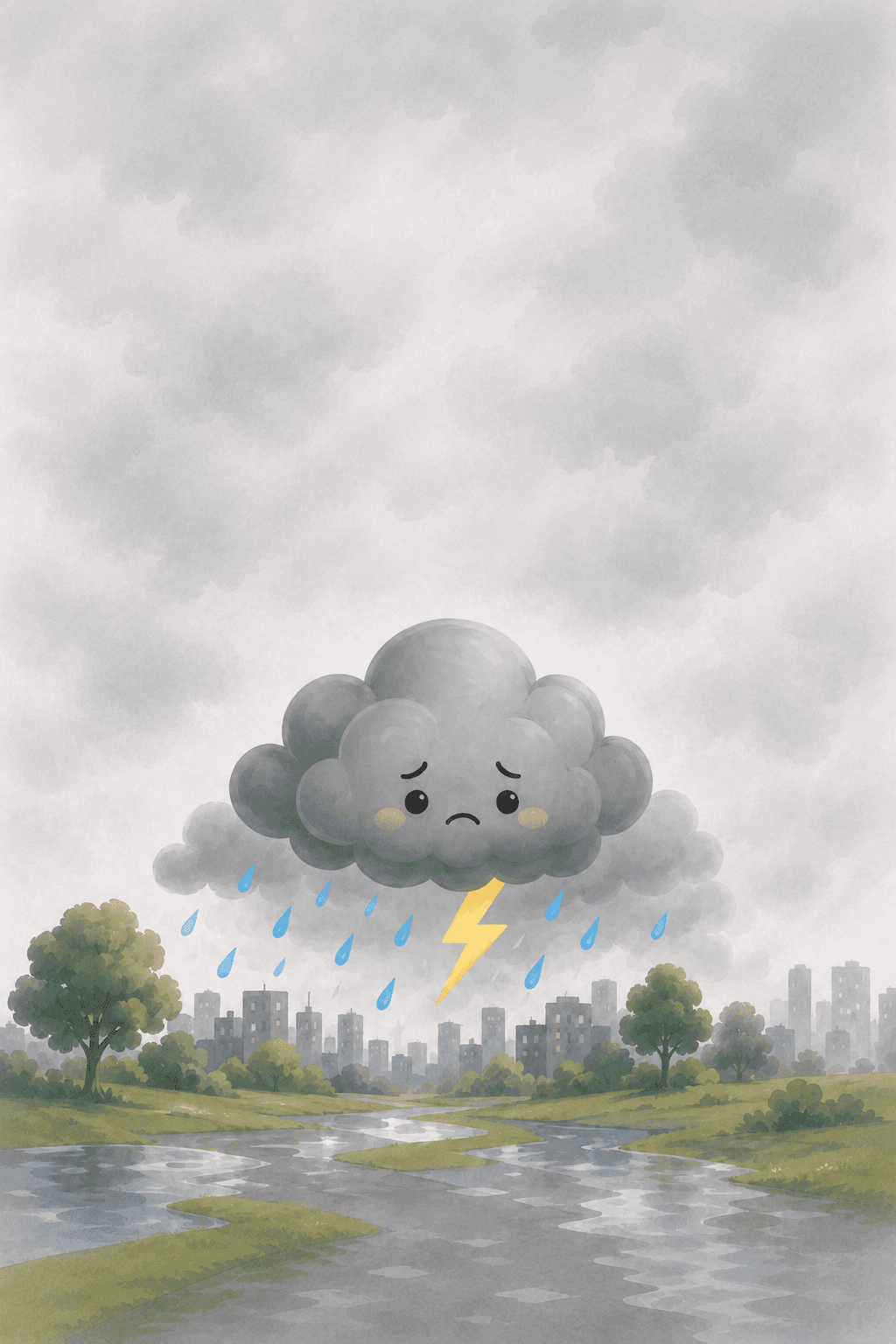 Sad rain cloud over a stormy city skyline