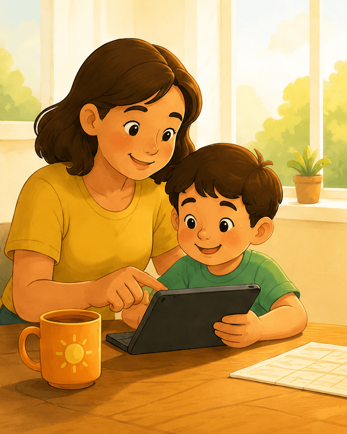 A parent and child smiling at a tablet together