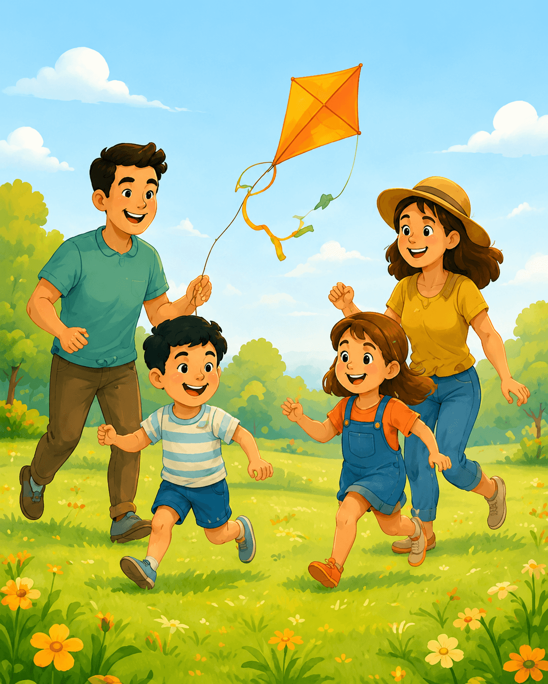 A family of four flying a kite in a sunny meadow