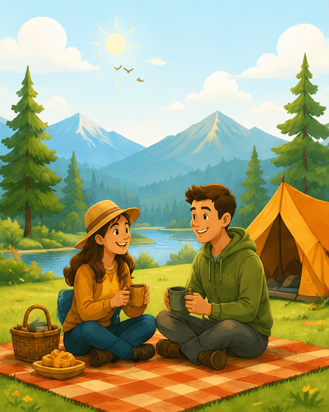 A couple sharing a picnic by a mountain lake with a tent nearby