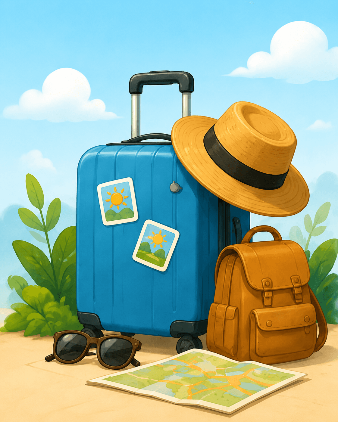 A blue suitcase, sun hat, backpack and travel map ready for a trip