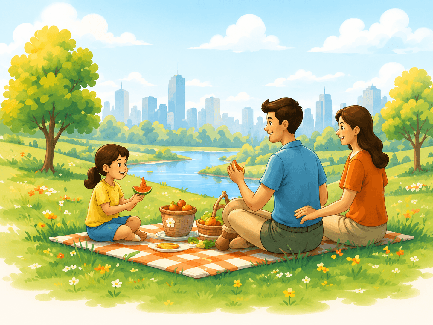 Family of three having a picnic by a river with the city skyline behind